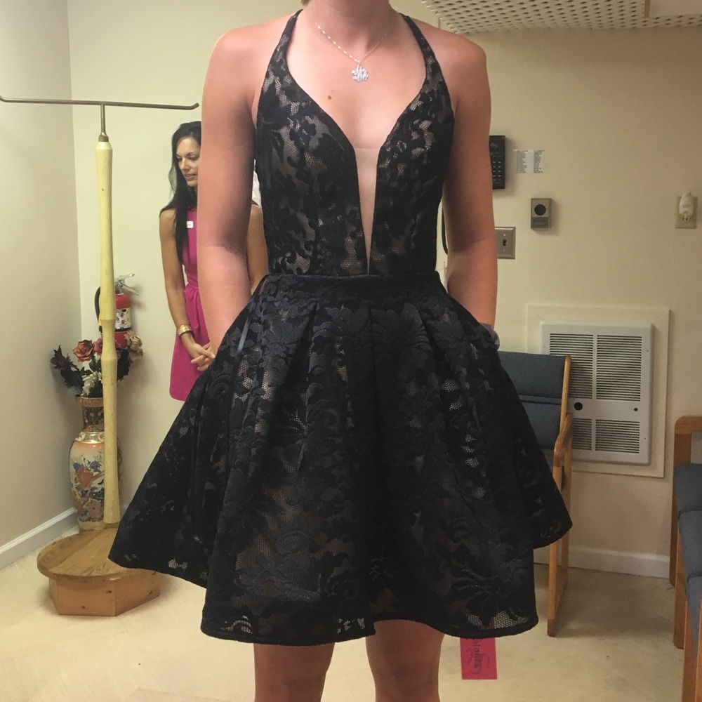 Morilee Homecoming/Formal Black Floral Lace Dress